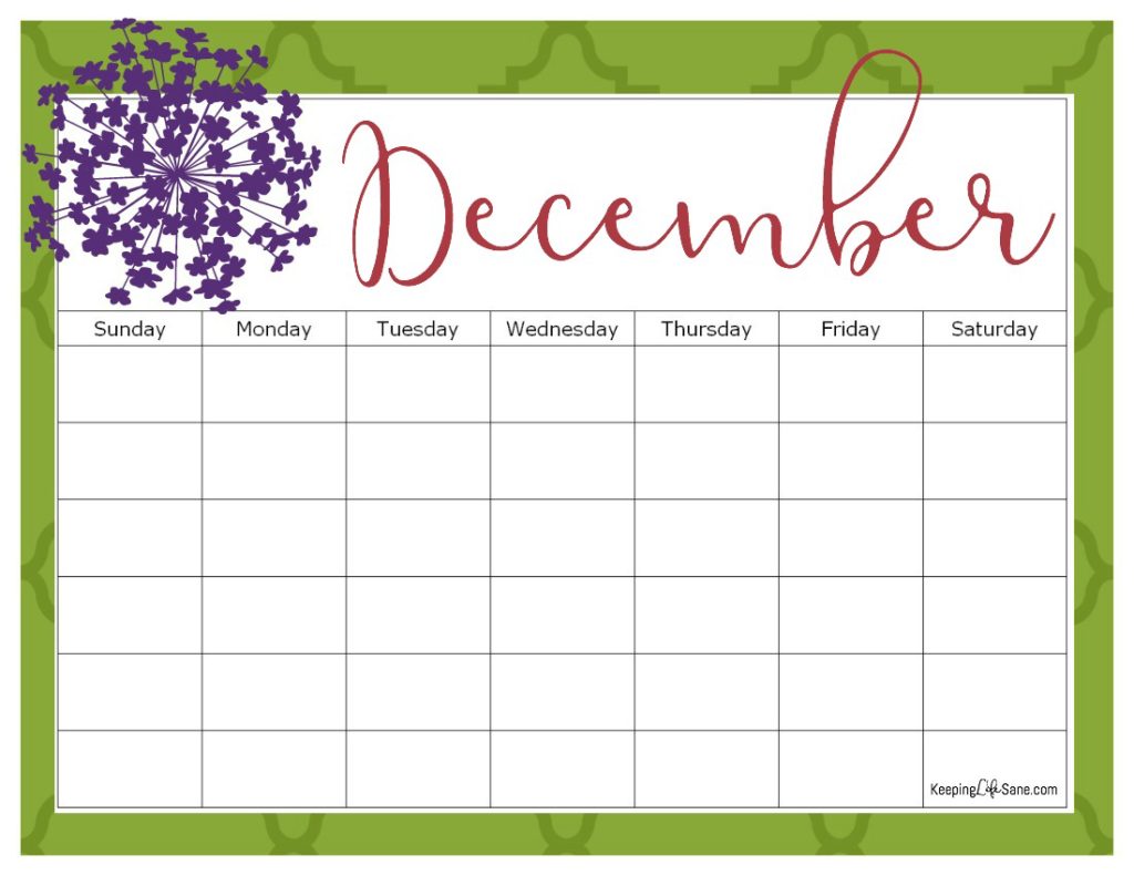 Maroon, Green and Purple December blank calendar to print