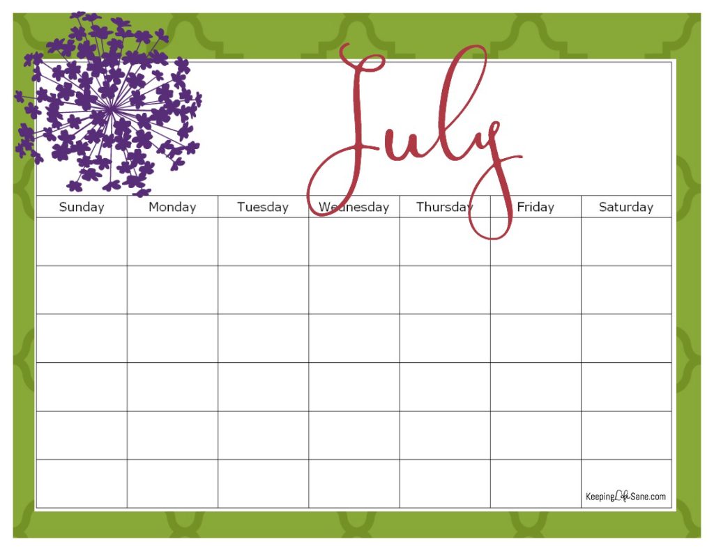 Maroon, Green and Purple July blank calendar to print