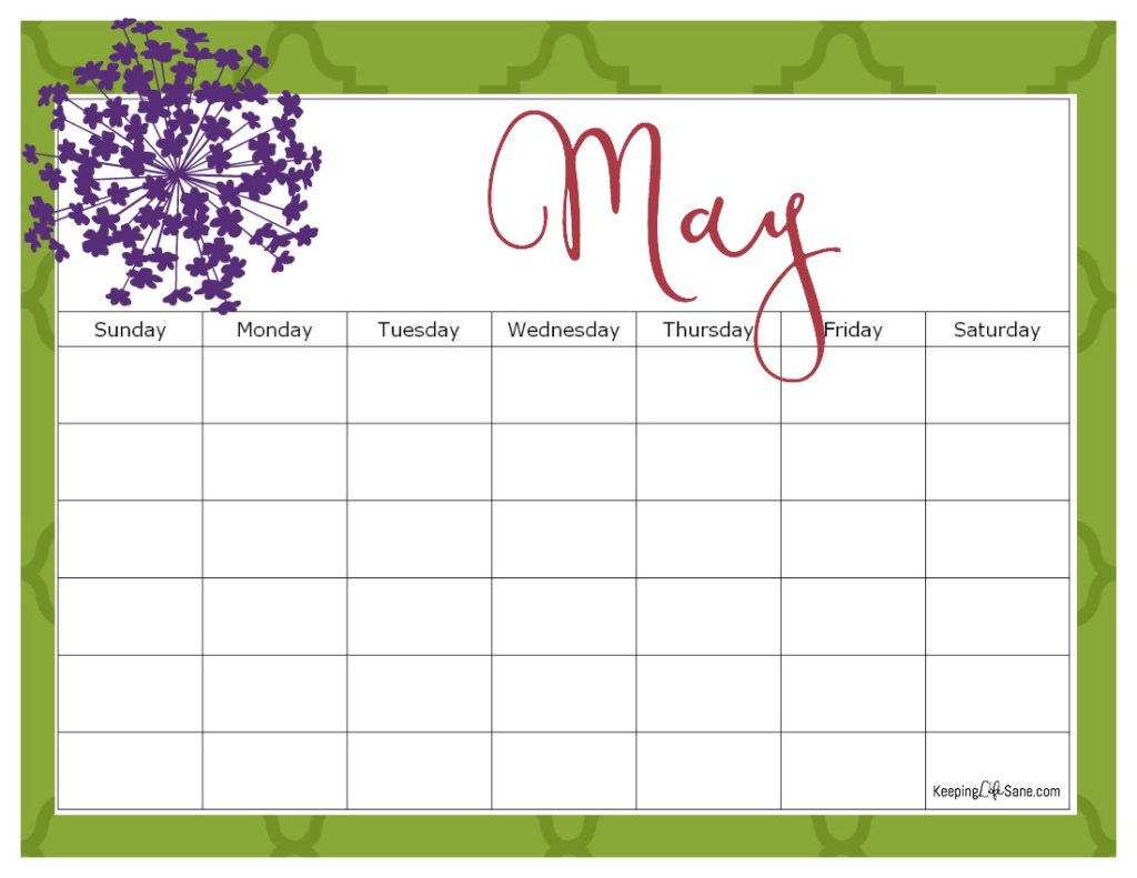 Maroon, Green and Purple May blank calendar to print