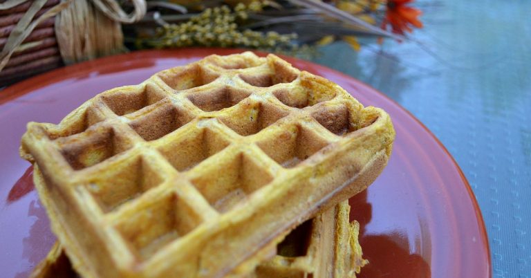 stack of eggless pumpkin waffles