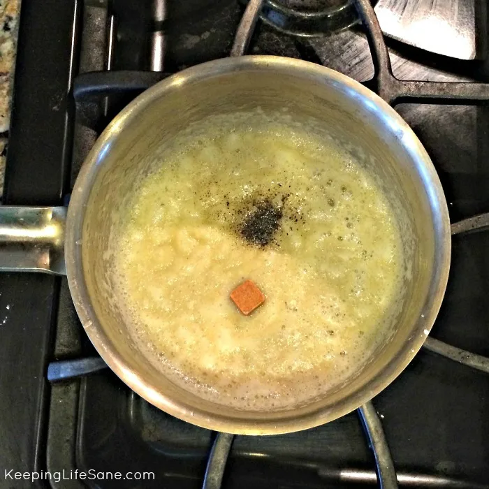 overhead view on stainless steel pot with boiling mixture with bouillon cube and pepper on top.
