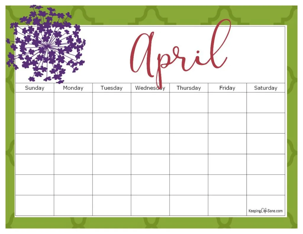 Maroon, Green and Purple April blank calendar to print