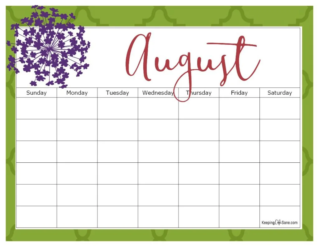 Maroon, Green and Purple August blank calendar to print
