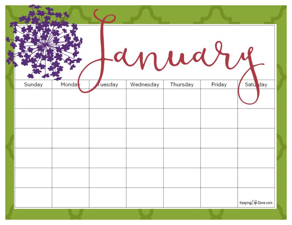 Maroon, Green and Purple January blank calendar to print