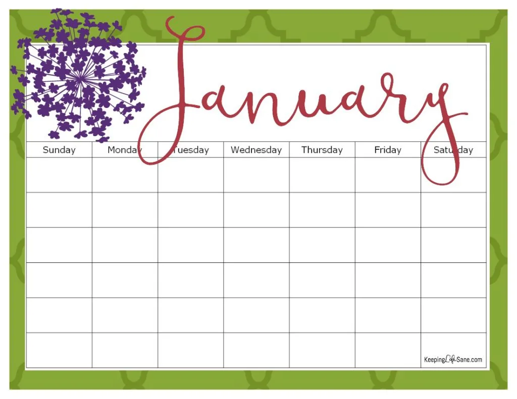 Maroon, Green and Purple January blank calendar to print