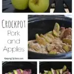 apples, brown sugar and sliced apples in slow cooker and pile of sliced apples on cutting board