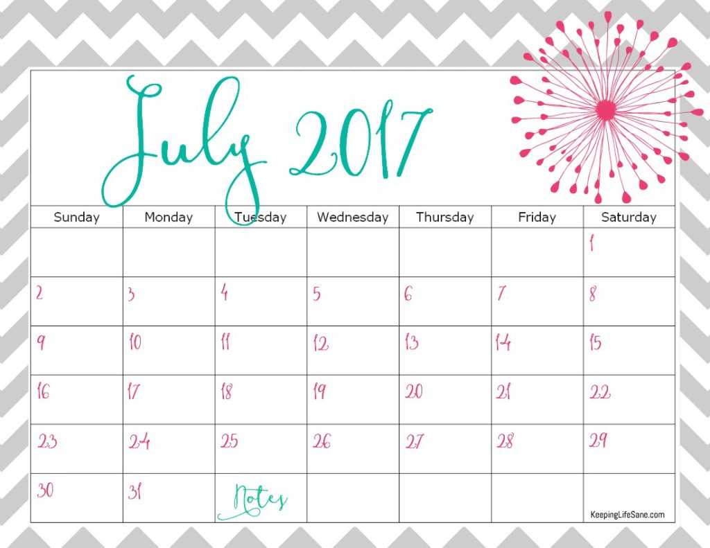 Cute July 2017 Calendar
