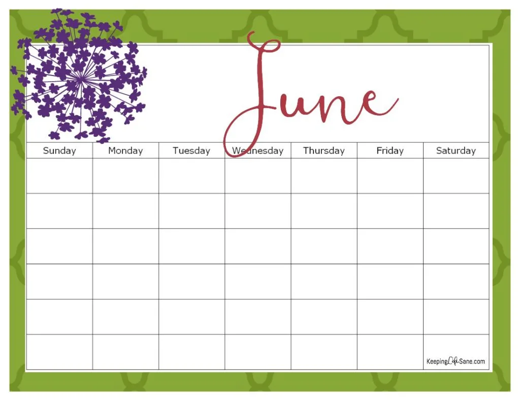 Maroon, Green and Purple June blank calendar to print