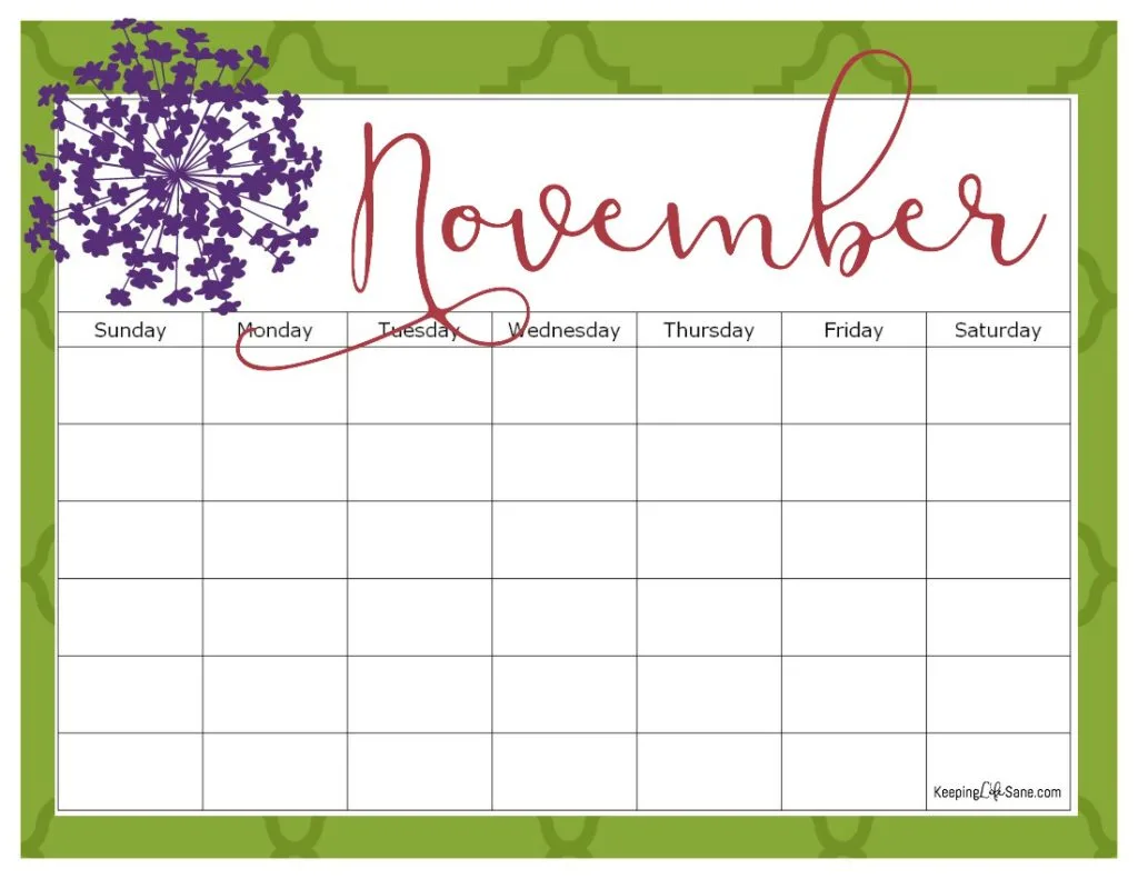Maroon, Green and Purple November blank calendar to print