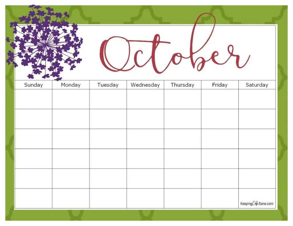 Maroon, Green and Purple October blank calendar to print