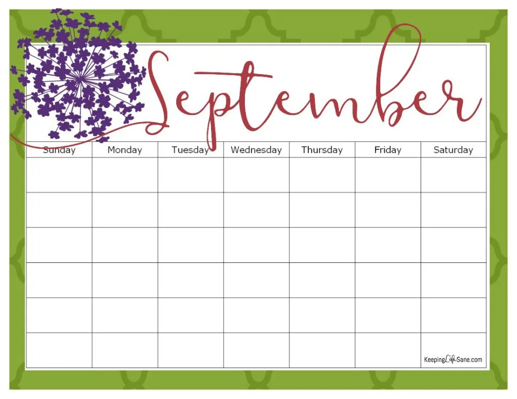 Maroon, Green and Purple September blank calendar to print