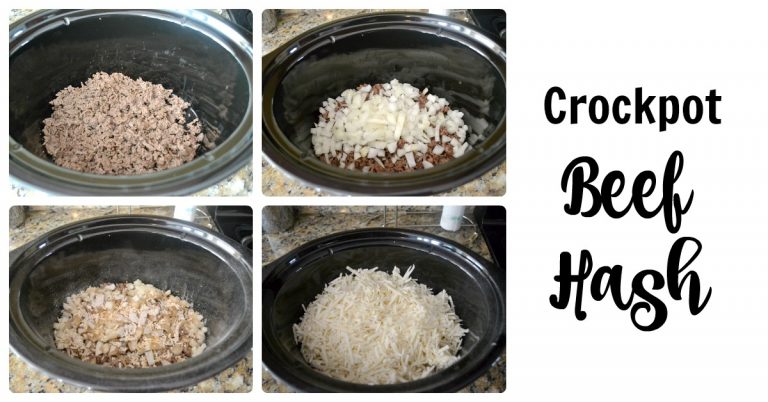 4 process shots of adding food to slow cooker for hamburger hash