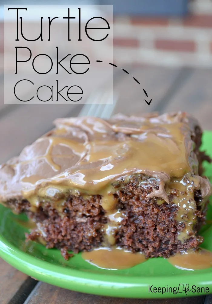You are going to love this fantastic tasting chocolate turtle poke cake. It's so moist and flavorful. You'll want to save this recipe.
