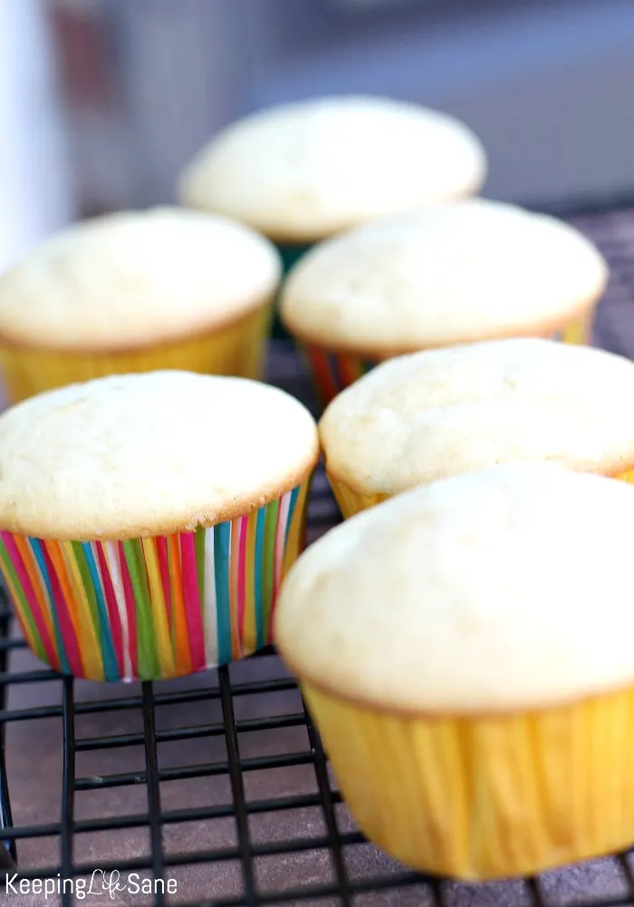closeup of vanilla cupcakes on a cooling rack