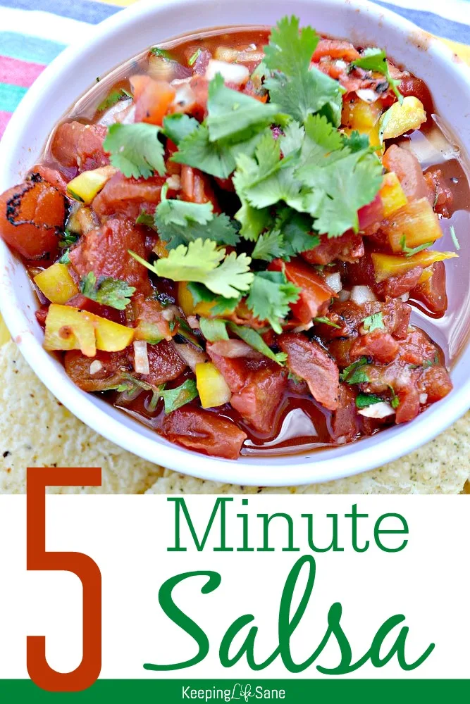 overhead view of chunky salsa with cilantro garnish on top