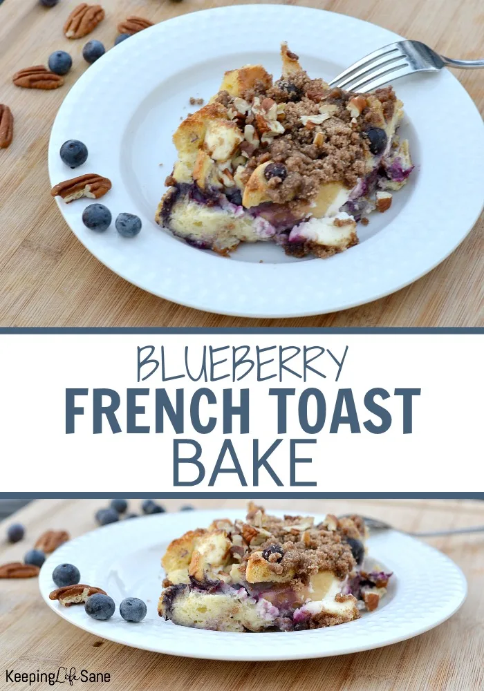white bowl on cutting board with blueberry stuffed French toast casserole