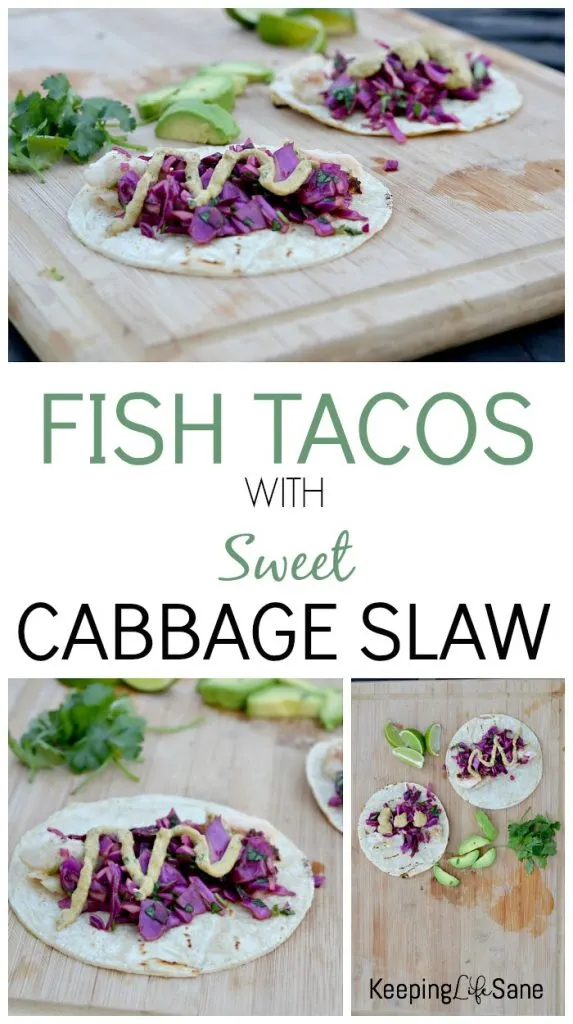 fish tacos with red cabbage and cilantro and avocados