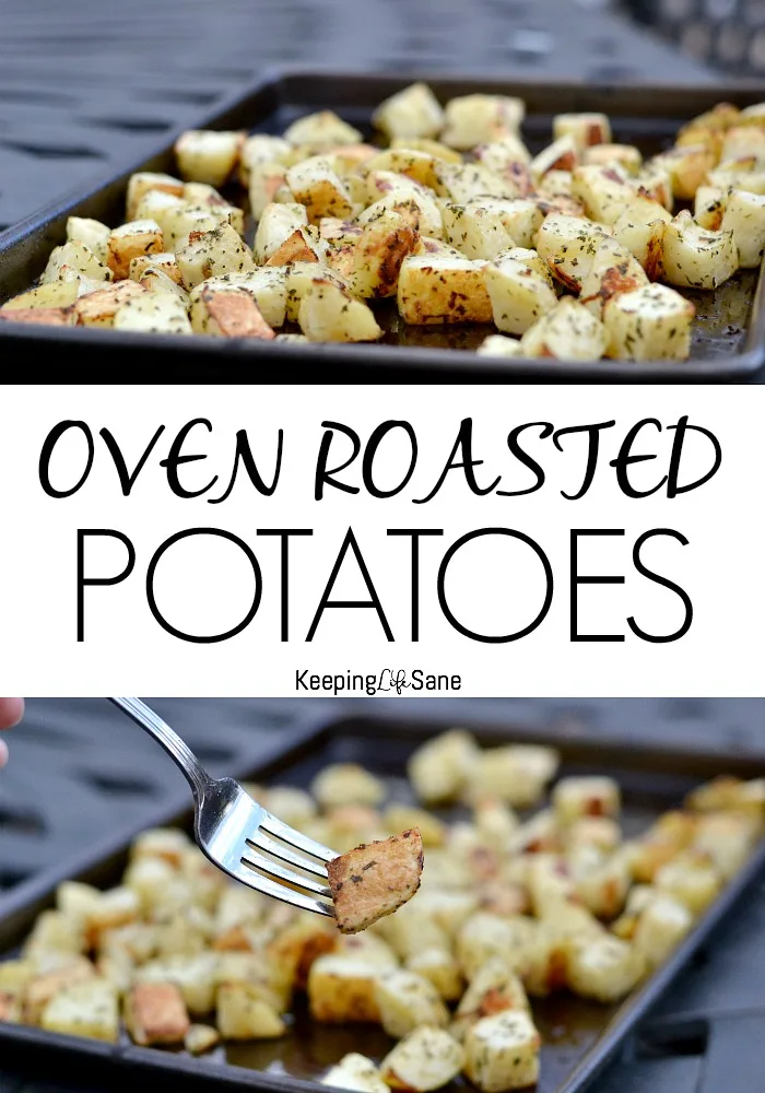 closeup of basil potatoes on roasting pan