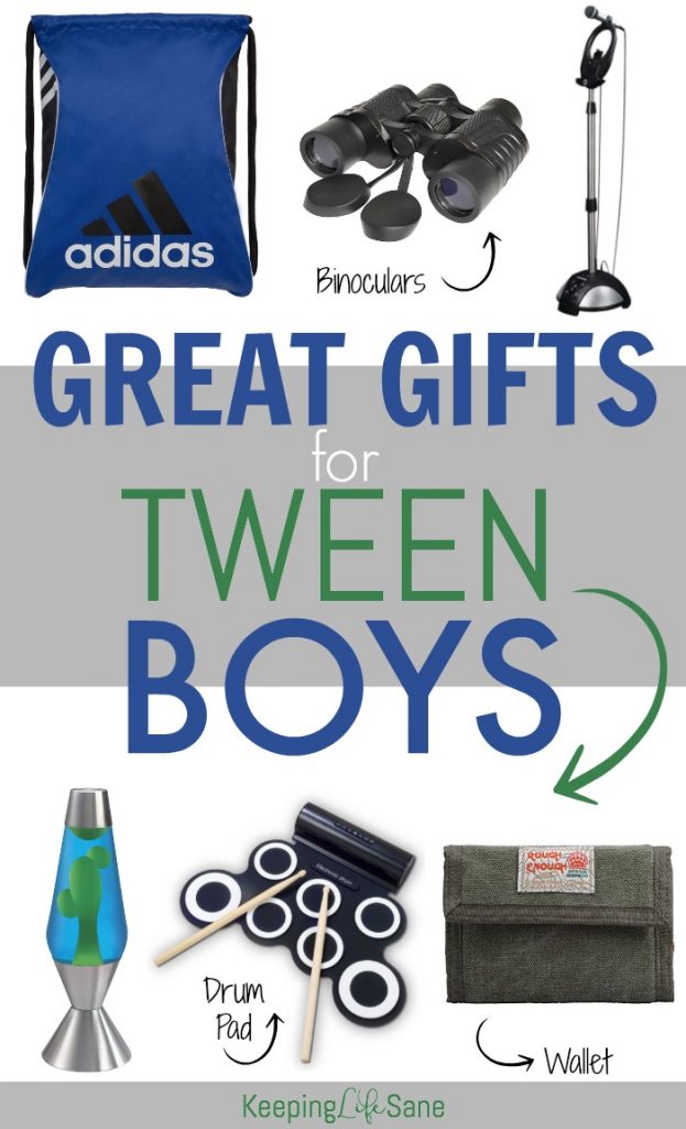 bunch of gifts for tween boys- binoculars, microphone, lava lamp, wallet, drum pad and adidas drawspring bag