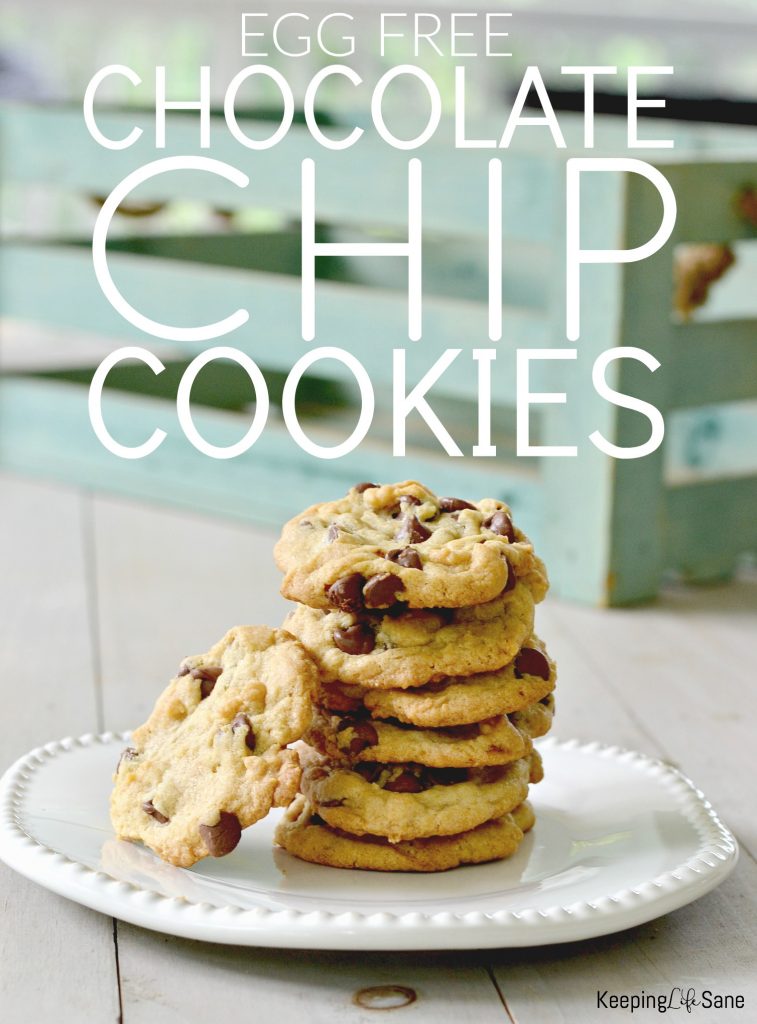 stack of no egg chocolate chip cookies on white plate