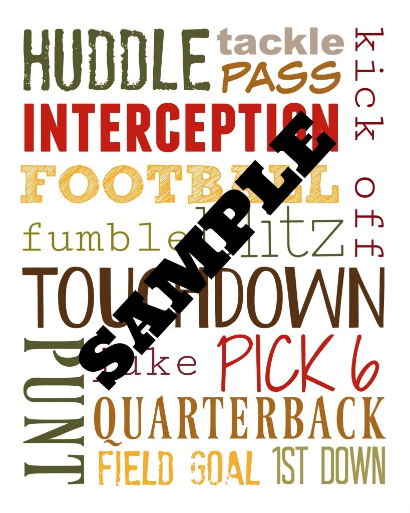 example of football printable with football terms written out in different fall colors