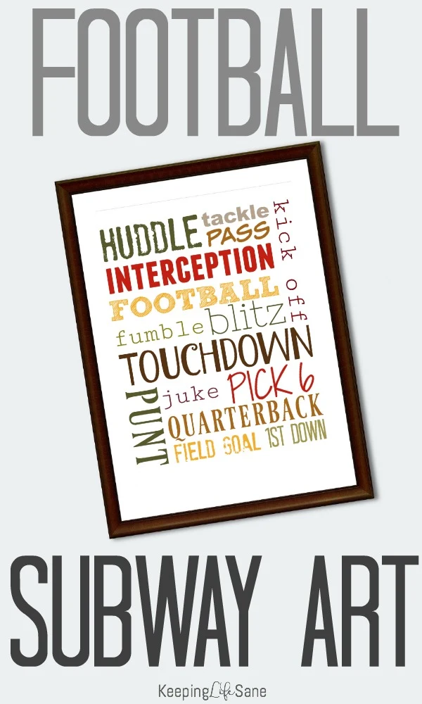 example of football printable with football terms written out in different fall colors in a frame