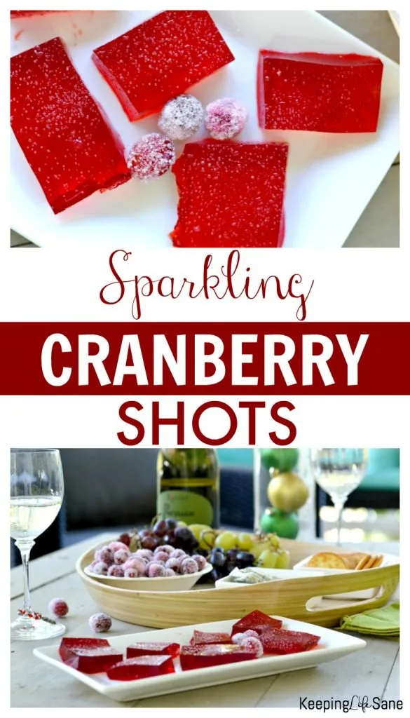 2 photos- 1. overhead closeup of square cut and red jello shots Photo 2-square cut red cranberry shots on white tray, round tray with red and green grapes, sugared cranberries in white bowl and blue cheese in square white bowl