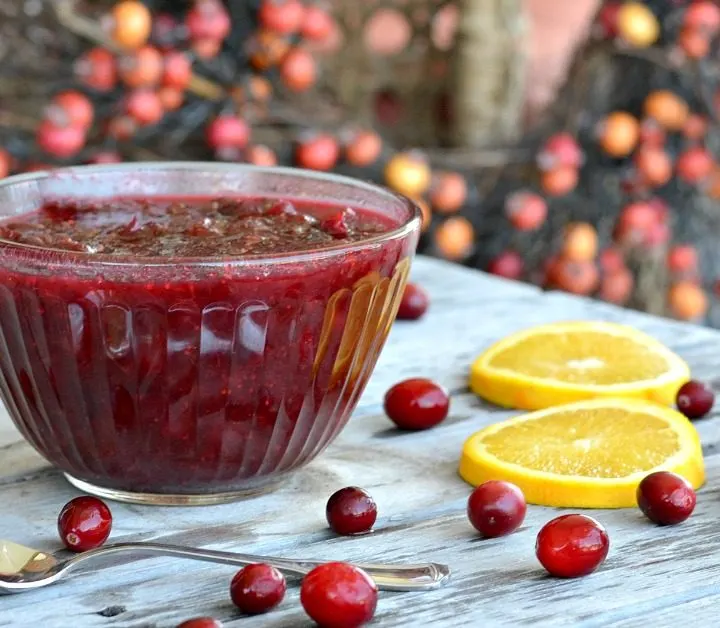clear bowl of cranberry sauce from scratch on a wooden table with a spoon, fresh cranberries and oranges slices around it