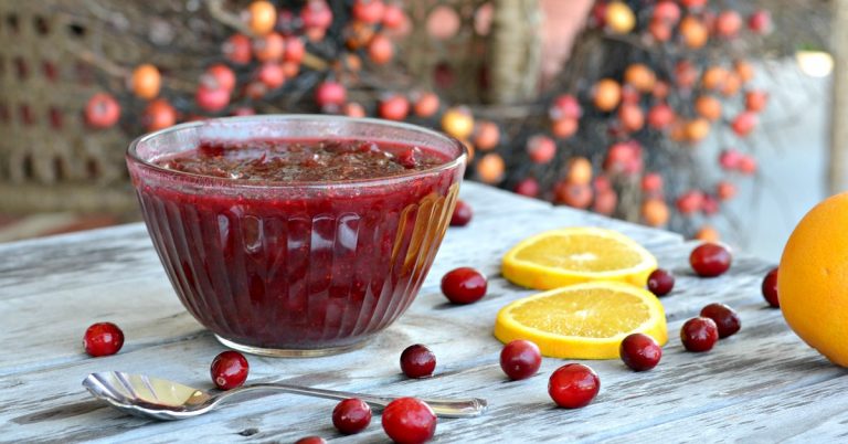 clear bowl of cranberry sauce from scratch on a wooden table with a spoon, fresh cranberries and oranges slices around it