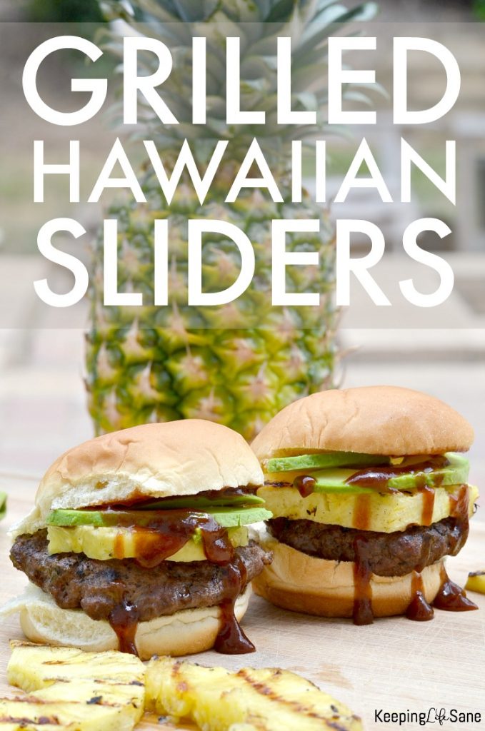 two grilled sliders with pineapple avocado and lots of dripping barbecue sauce
