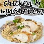 creamy pasta with mushroom and chicken on a white plate