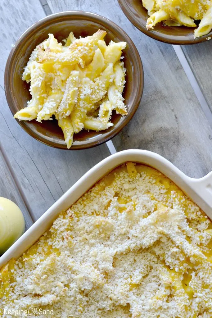 Overhead view of two small bowls of butternut squash Mac n cheese