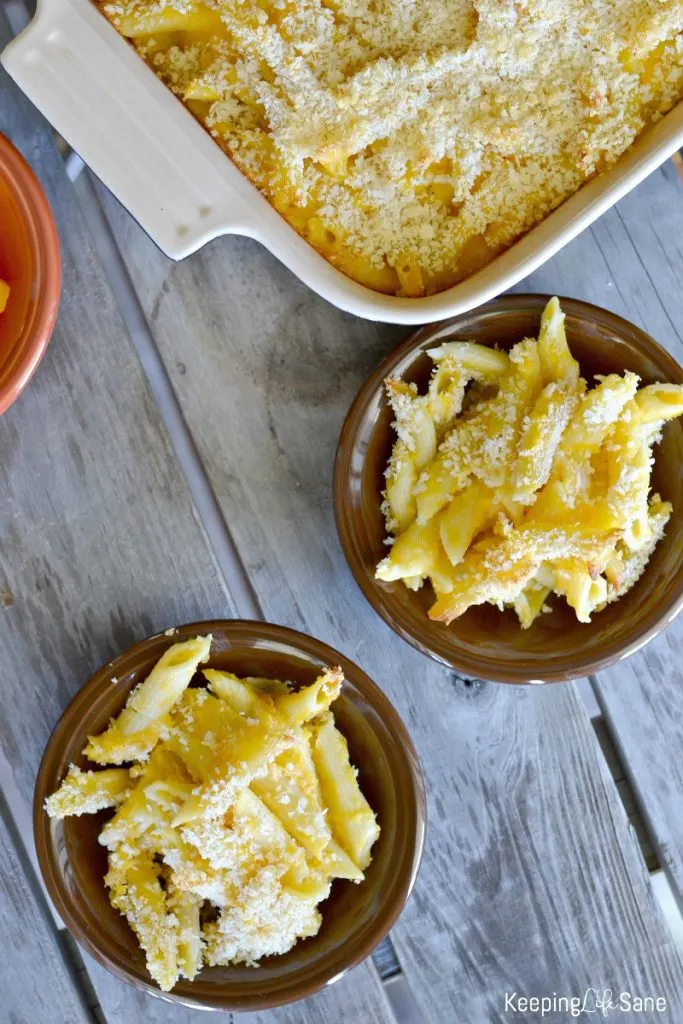 Overhead view of two small bowls of butternut squash Mac n cheese