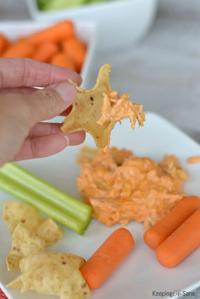 Tortilla chip with buffalo chicken dip