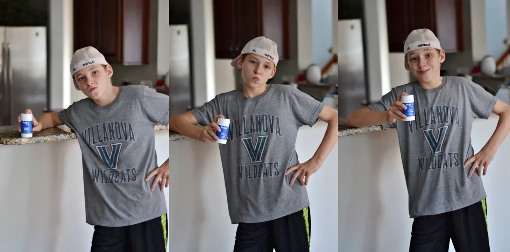 3 pictures of boy in grey shirt with a hat on backward holding a blue and white container of deodorant