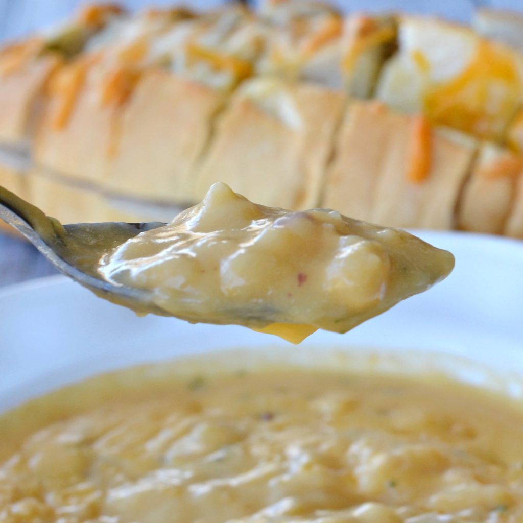 closeup of spoon with potato cheese soup
