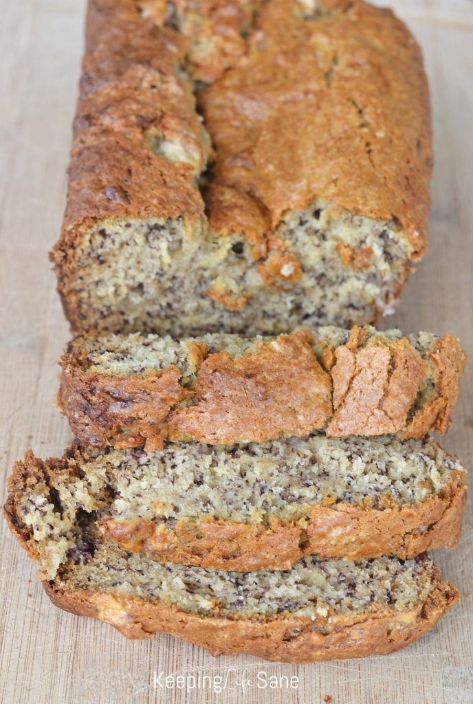 closeup view on sliced eggless banana bread