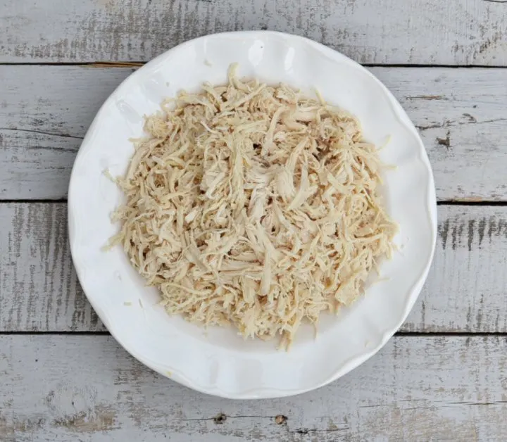 Overhead view of white bowl full of shredded chicken