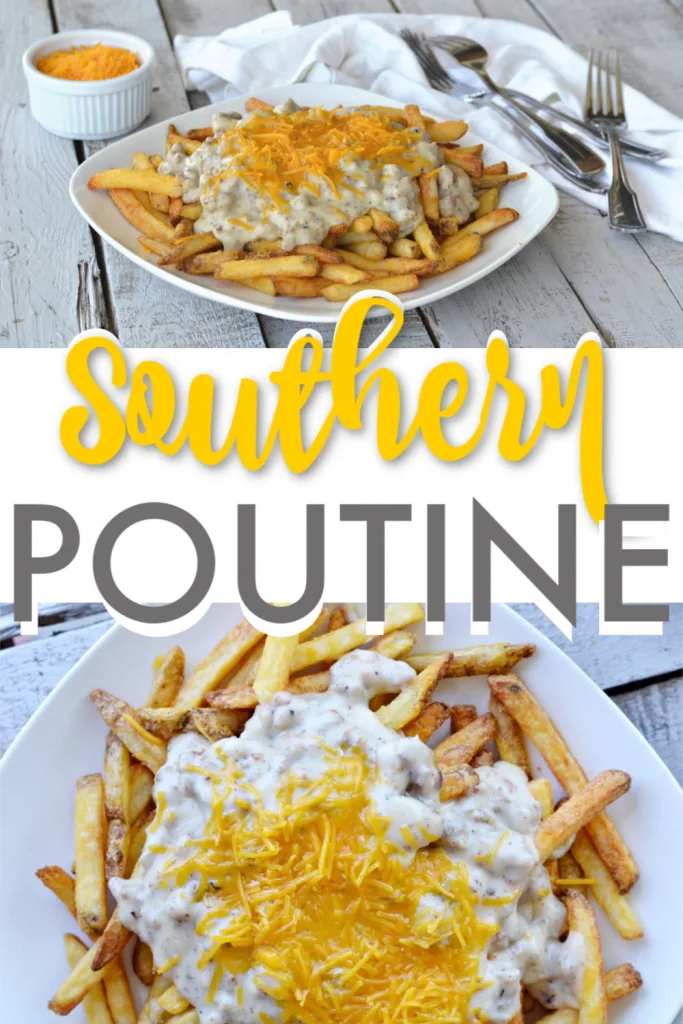 southern poutine on a white plate on a grey wooden table, french fries, suasage gravy and shredded chedder cheese