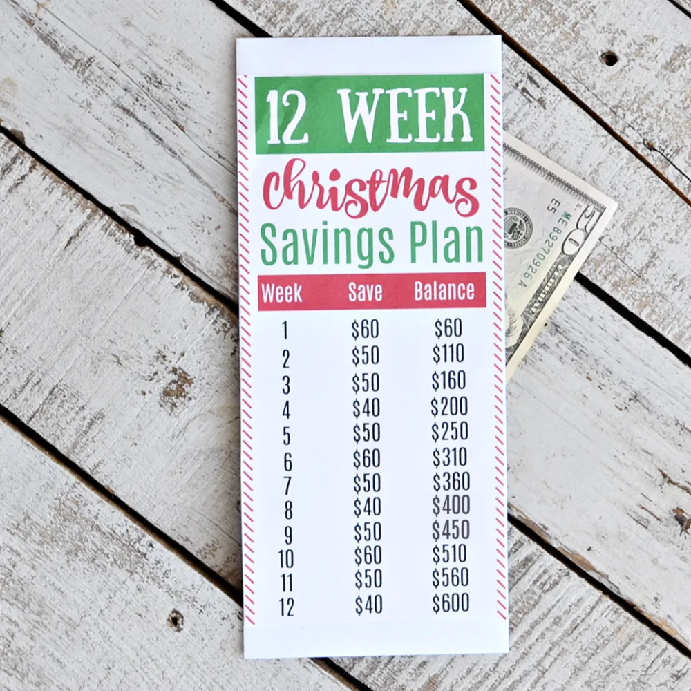 Printout of the Christmas savings challenge printable on a wooden table with a $50 bill