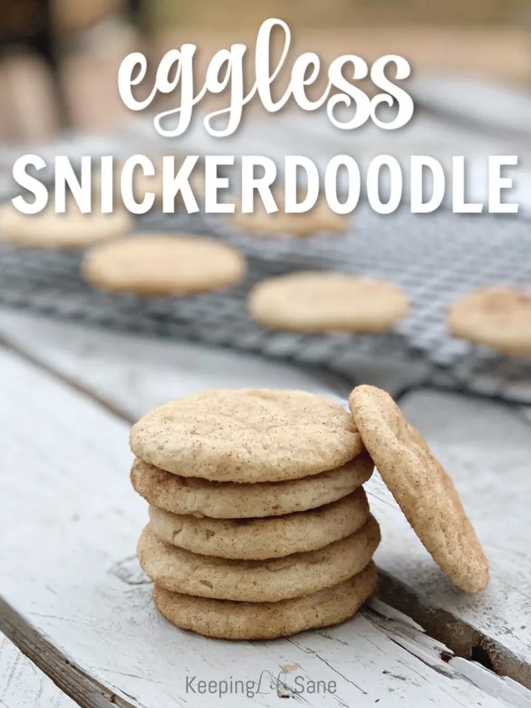 stack of eggless snickerdoodle cookies wity black cooling rack in background