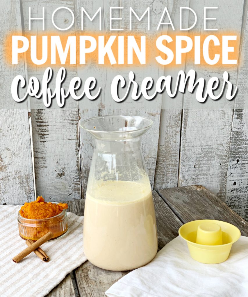 bottle of creamer with cinnamon sticks and small bowl of pureed pumpkin