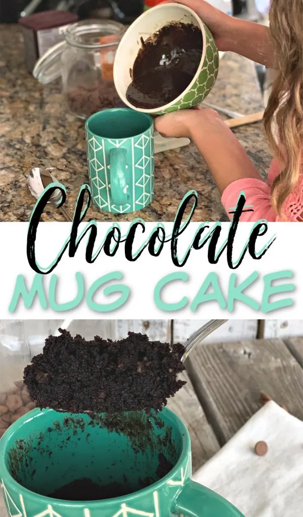 closeup of eggless mug cake on fork and girl pouring the batter in a green mug