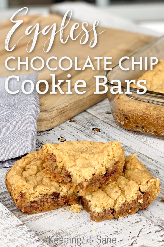 These eggless chocolate chip cookie bars are a family favorite. This easy dessert won't last long. Who doesn't like soft and chewy cookie bars?