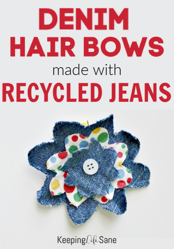 Everyone has some old jeans laying around their house. Don't let them go to waste and make this denim hair bow with recycled jeans.