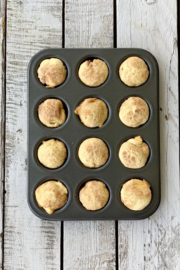overhead view of baked mini applesauce muffins in muffin tin on wooden table