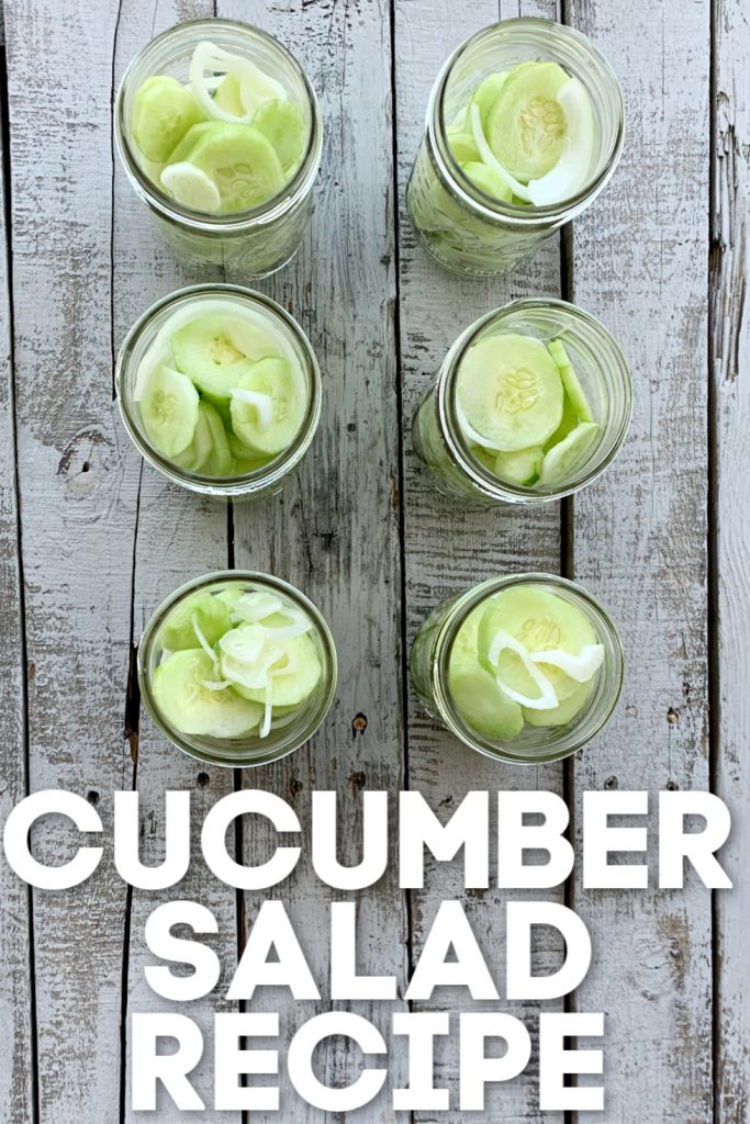 6 jars of sliced cucumber salad from overhead view