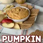 Pumpkin pie dip in bowl on plage with apple slices and graham crackers