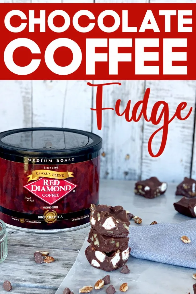 Chocolate fudge stacked up with pecans and mnarshmallows with can of red diamond coffee in background