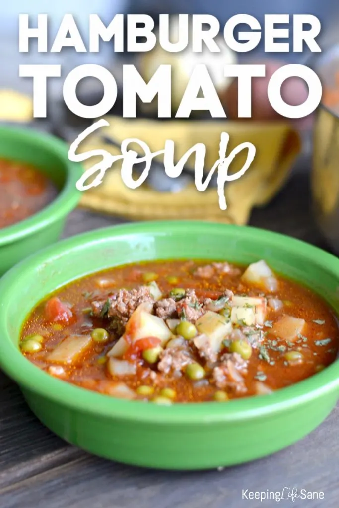 Green bowl with hamburger soup in the slow cooker